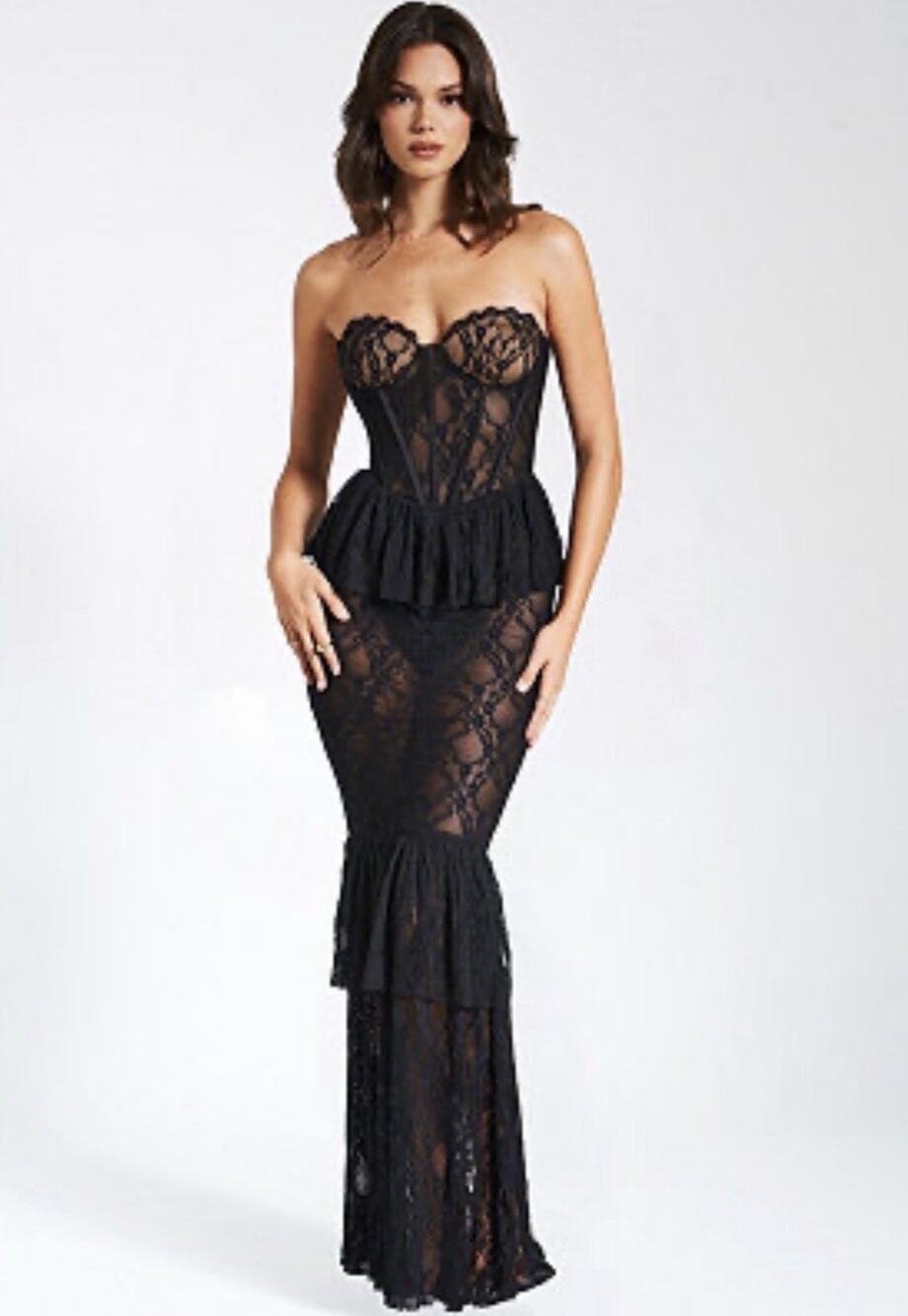 Miss Circle Women’s Quennell Black Lace Corset Maxi Dress Sheer Peplum Mermaid S